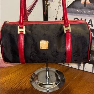 Vintage MCM Monogram Black Nylon & Red Leather Barrel Bag - B2430